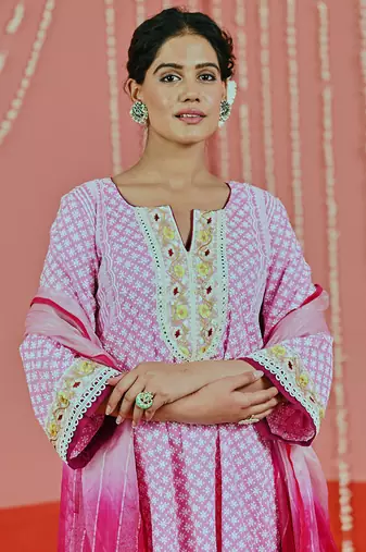 Pink cotton ethnic kurta set