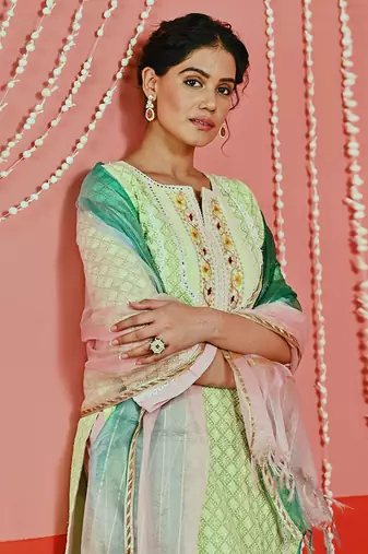 Green cotton ethnic kurta set