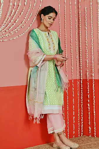 Green cotton ethnic kurta set
