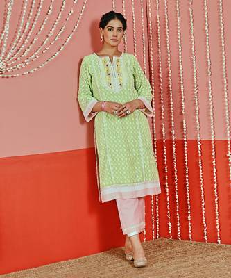 Green cotton ethnic kurta set 5