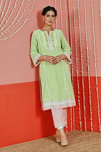 Green cotton ethnic kurta set