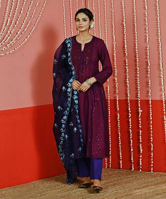 Purple sequin embroidered a line kurta set 1