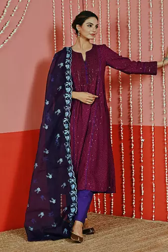 Purple sequin embroidered a line kurta set