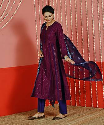 Purple sequin embroidered a line kurta set 3