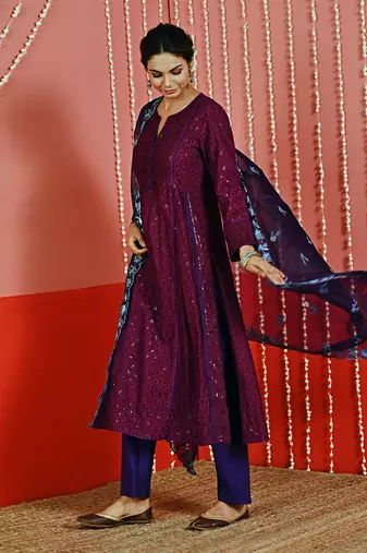 Purple sequin embroidered a line kurta set
