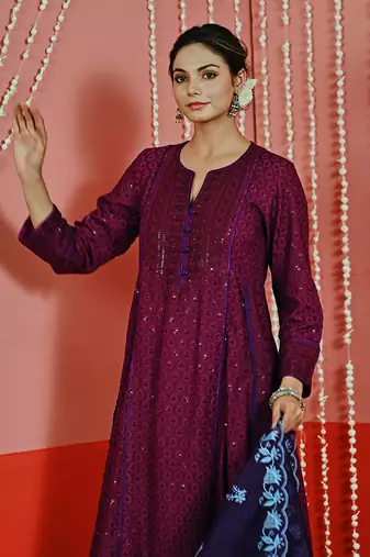 Purple sequin embroidered a line kurta set
