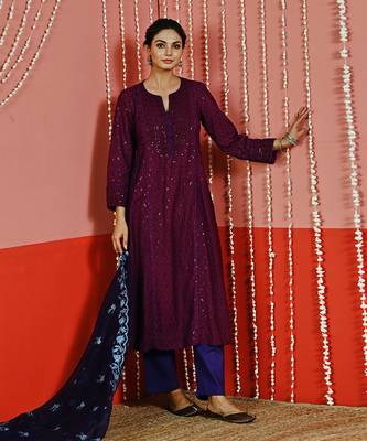 Purple sequin embroidered a line kurta set 5