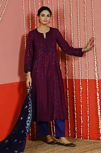 Purple sequin embroidered a line kurta set