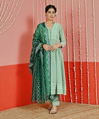 Sage green embroidered georgette anarkali set 1