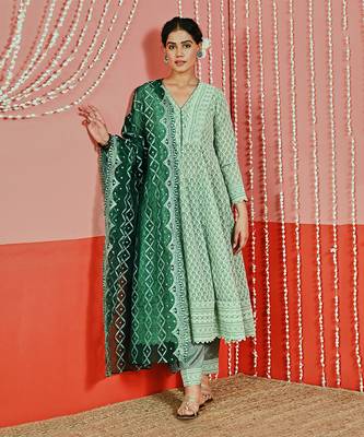 Sage green embroidered georgette anarkali set 2