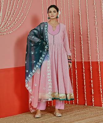 Pink embroidered georgette anarkali set 1