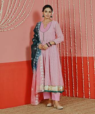 Pink embroidered georgette anarkali set 2