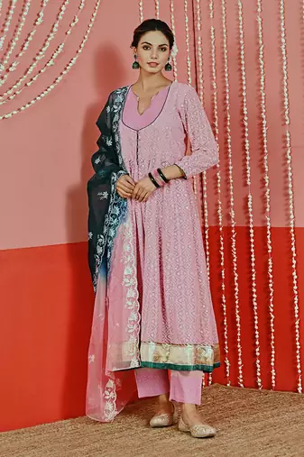 Pink embroidered georgette anarkali set