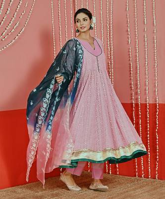 Pink embroidered georgette anarkali set 3