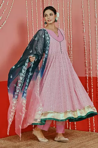 Pink embroidered georgette anarkali set
