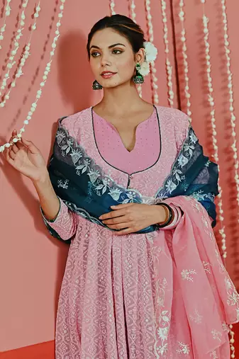Pink embroidered georgette anarkali set