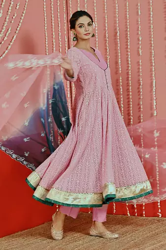 Pink embroidered georgette anarkali set
