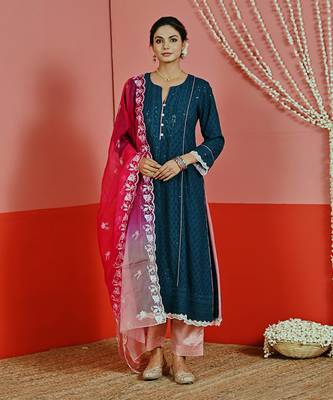Teal sequin embroidered a line kurta set 1