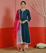 Teal sequin embroidered a line kurta set