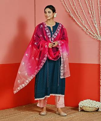 Teal sequin embroidered a line kurta set 2