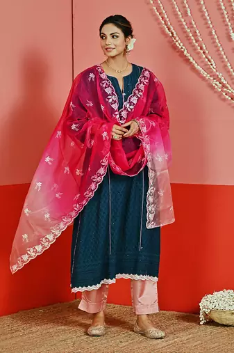 Teal sequin embroidered a line kurta set