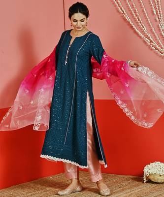 Teal sequin embroidered a line kurta set 3