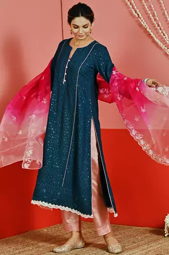Teal sequin embroidered a line kurta set