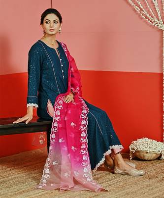 Teal sequin embroidered a line kurta set 4
