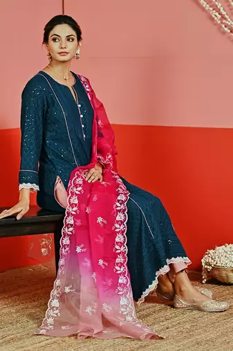 Teal sequin embroidered a line kurta set