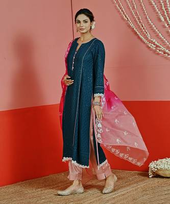 Teal sequin embroidered a line kurta set 5