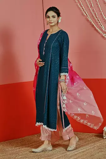 Teal sequin embroidered a line kurta set