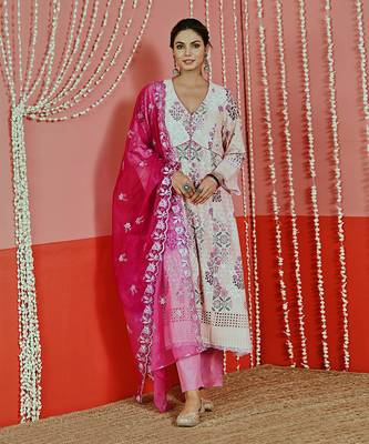 Peach printed self embroidered cotton kurta set 1