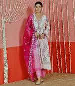 Peach printed self embroidered cotton kurta set