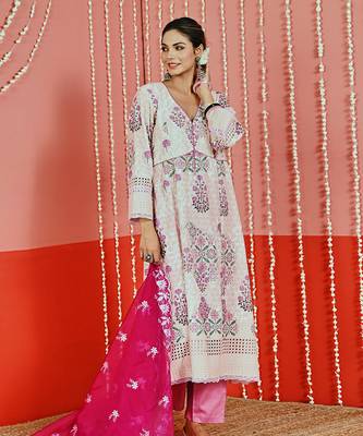 Peach printed self embroidered cotton kurta set 3