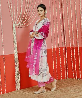 Peach printed self embroidered cotton kurta set 4