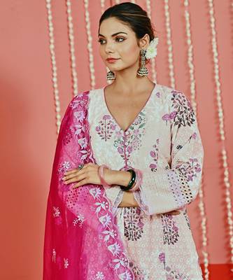 Peach printed self embroidered cotton kurta set 5