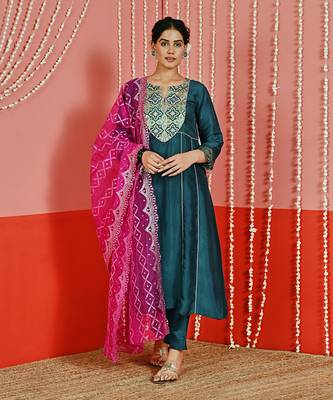 Teal embroidered silk blend ethnic kurta set 1