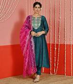 Teal embroidered silk blend ethnic kurta set
