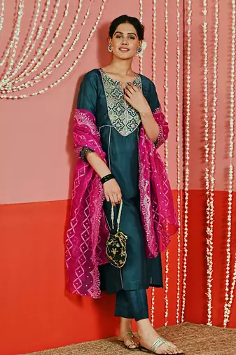 Teal embroidered silk blend ethnic kurta set