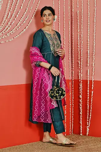 Teal embroidered silk blend ethnic kurta set