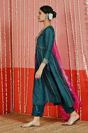 Teal embroidered silk blend ethnic kurta set