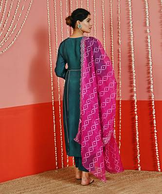 Teal embroidered silk blend ethnic kurta set 5