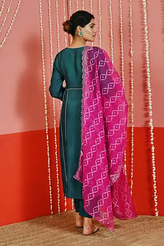 Teal embroidered silk blend ethnic kurta set