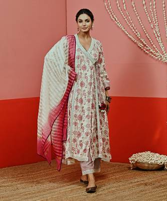 Off white printed cotton ethnic anarkali set 1