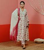 Off white printed cotton ethnic anarkali set