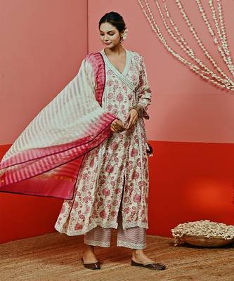 Off white printed cotton ethnic anarkali set 2