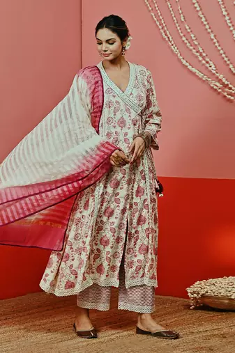 Off white printed cotton ethnic anarkali set