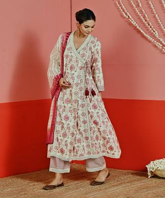 Off white printed cotton ethnic anarkali set 3