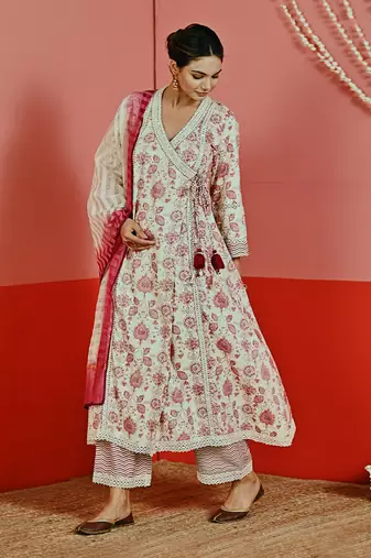 Off white printed cotton ethnic anarkali set