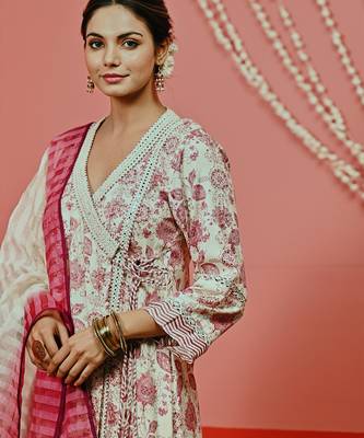 Off white printed cotton ethnic anarkali set 4